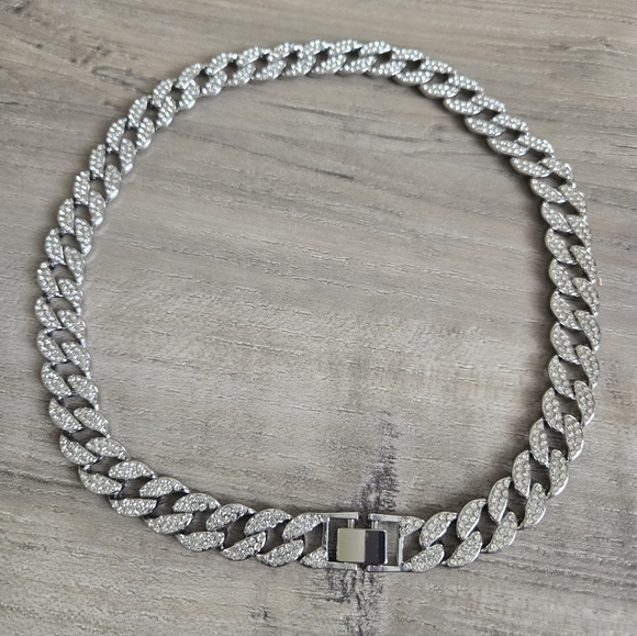 Hip Hop Iced Out Fully Rhinestone Silver Card Pendant & Cuban Chain Necklace 20" - Picture 12 of 13